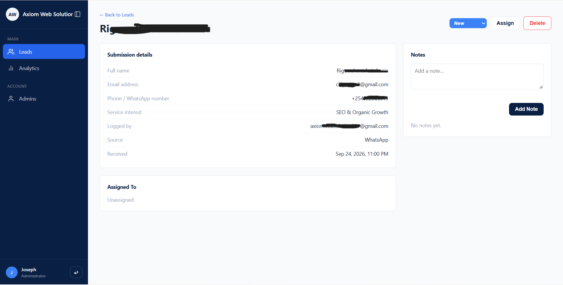 Axiom CRM lead detail page