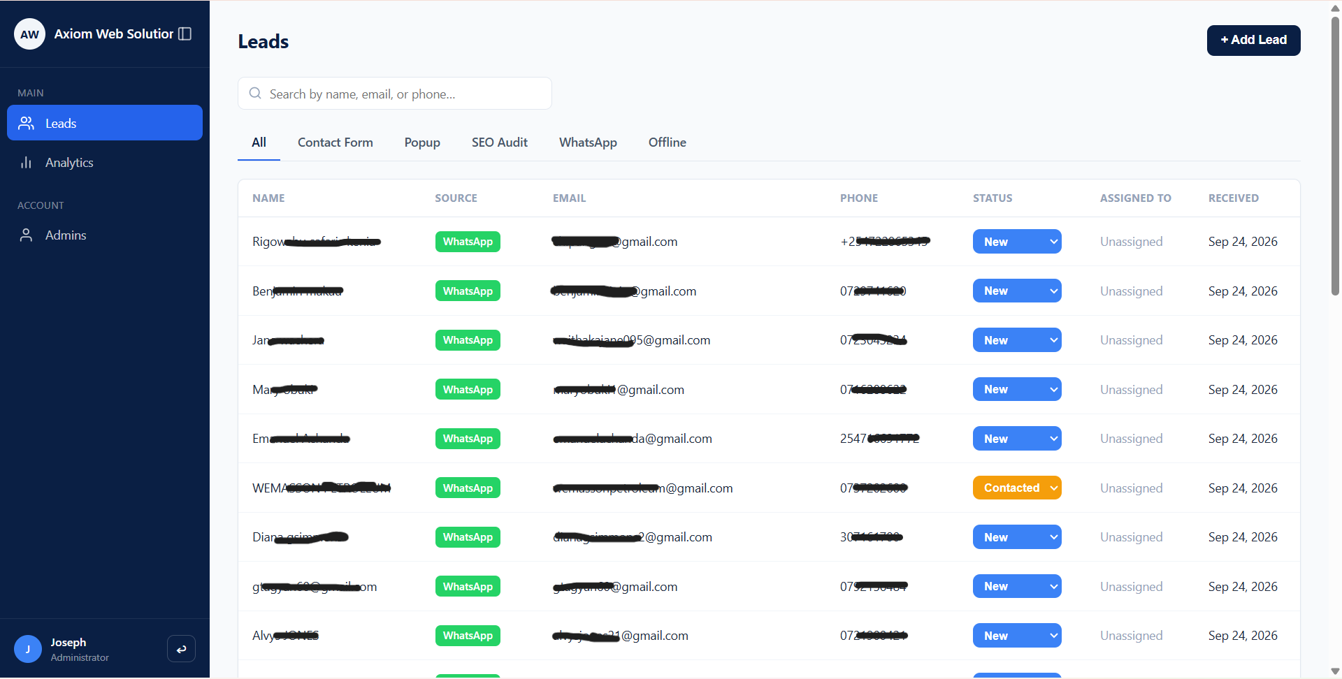 Axiom CRM leads list, realtime table