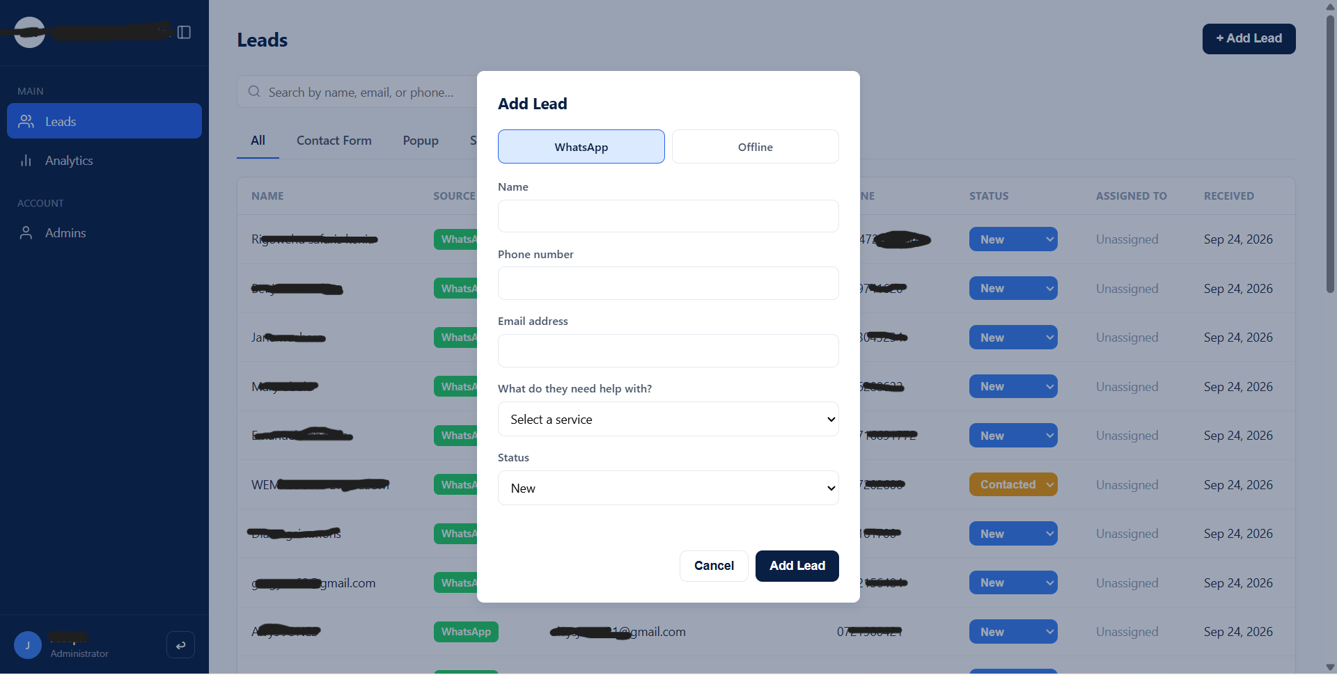 CRM add lead form