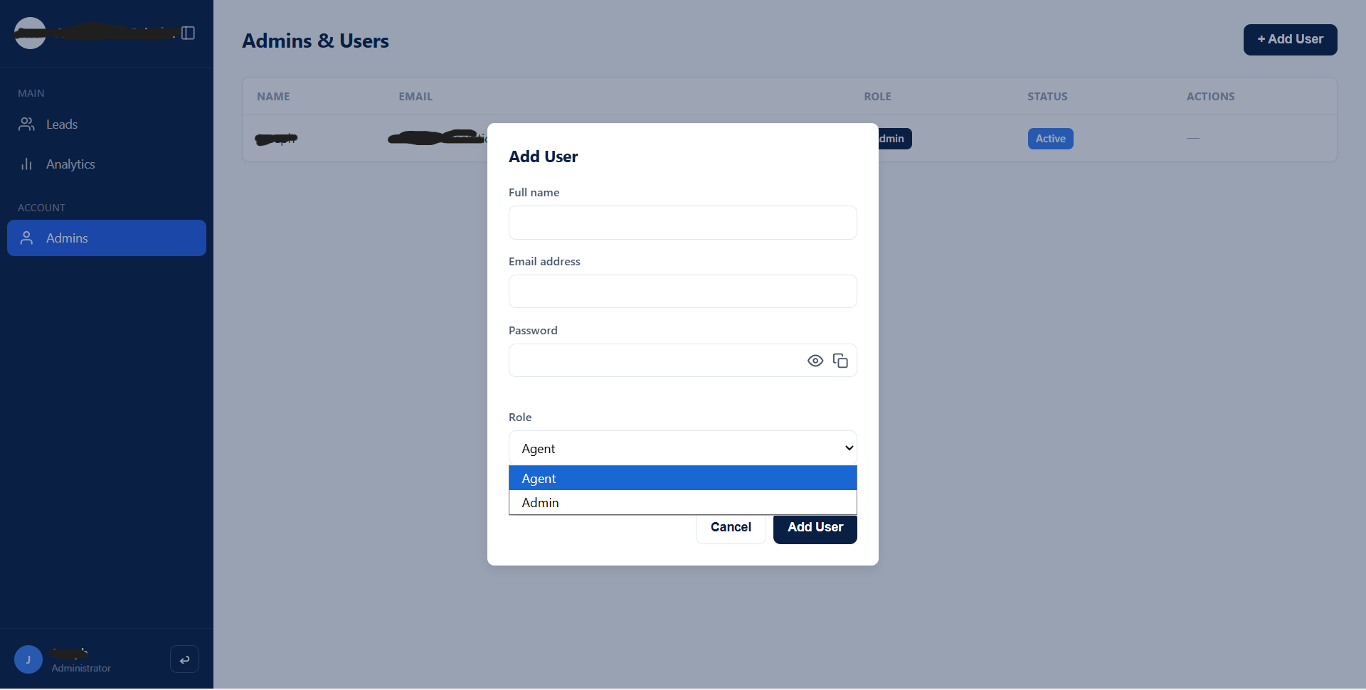 CRM admin and users page