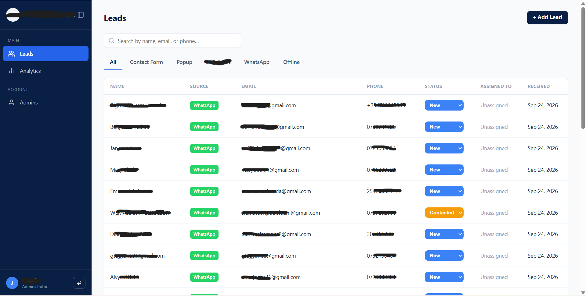 CRM dashboard, leads list view