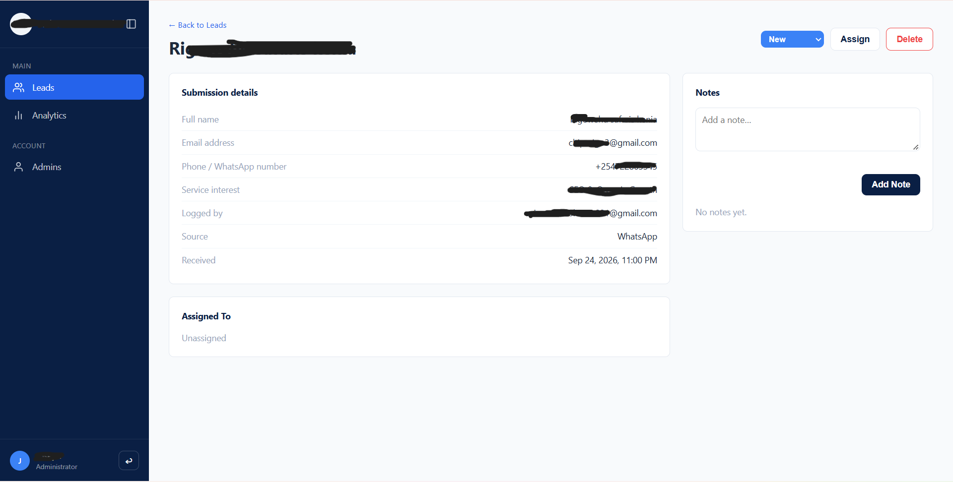 CRM lead detail page