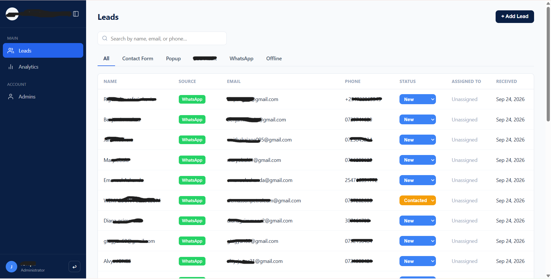 CRM leads list, realtime table
