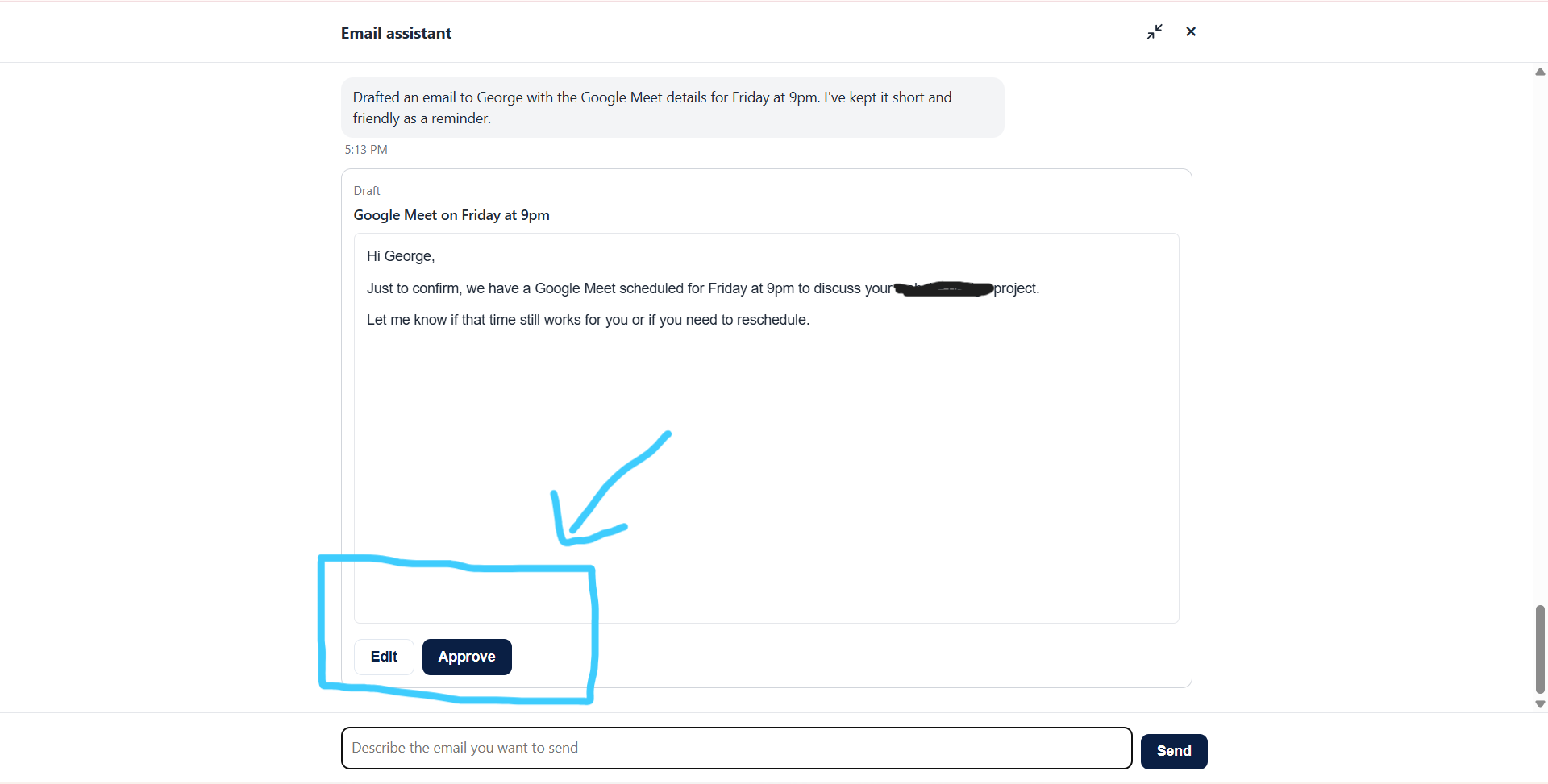 CRM email draft card with Edit and Approve buttons