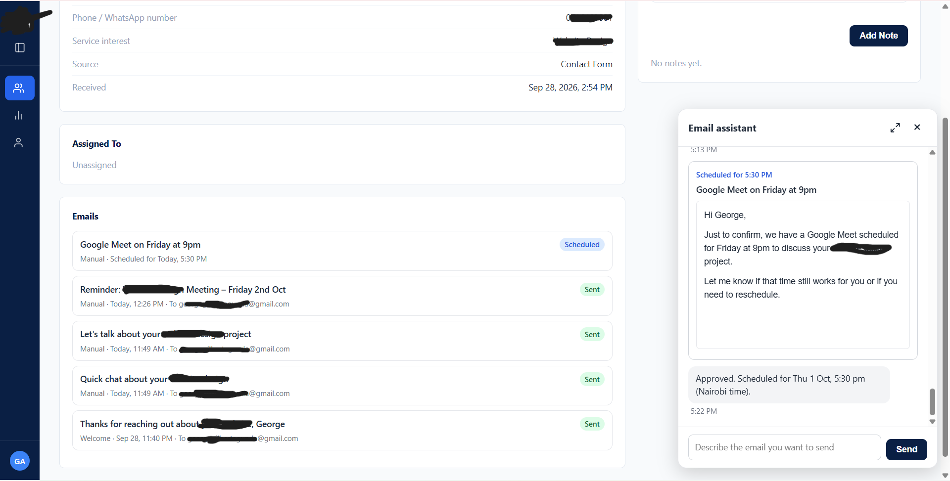 CRM lead page showing the email history section