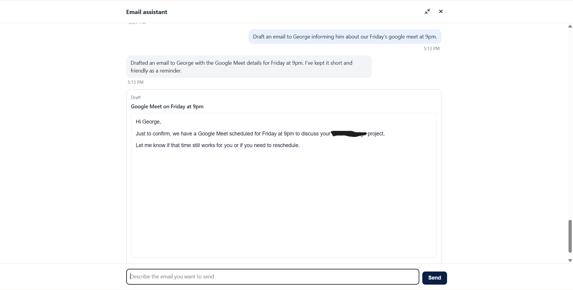 CRM email chat panel, drafting a follow-up email with the AI assistant