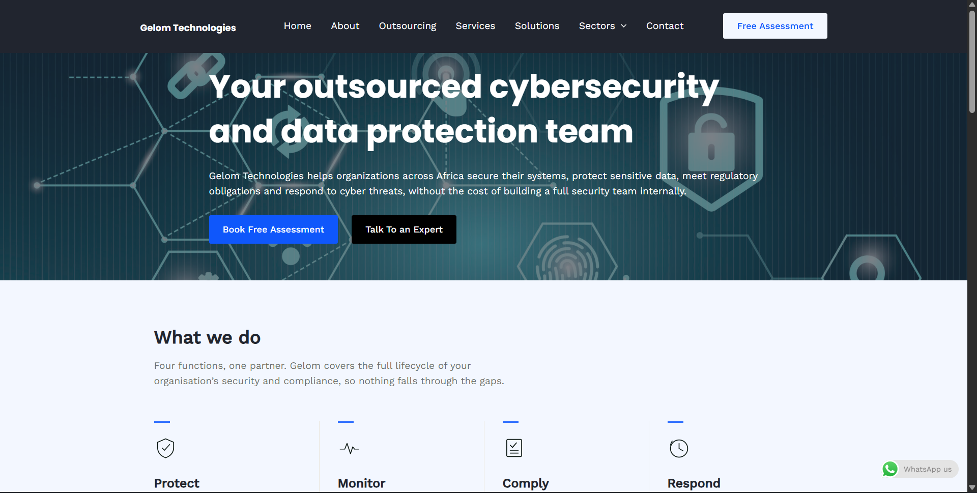 Gelom Technologies homepage, hero and What we do section