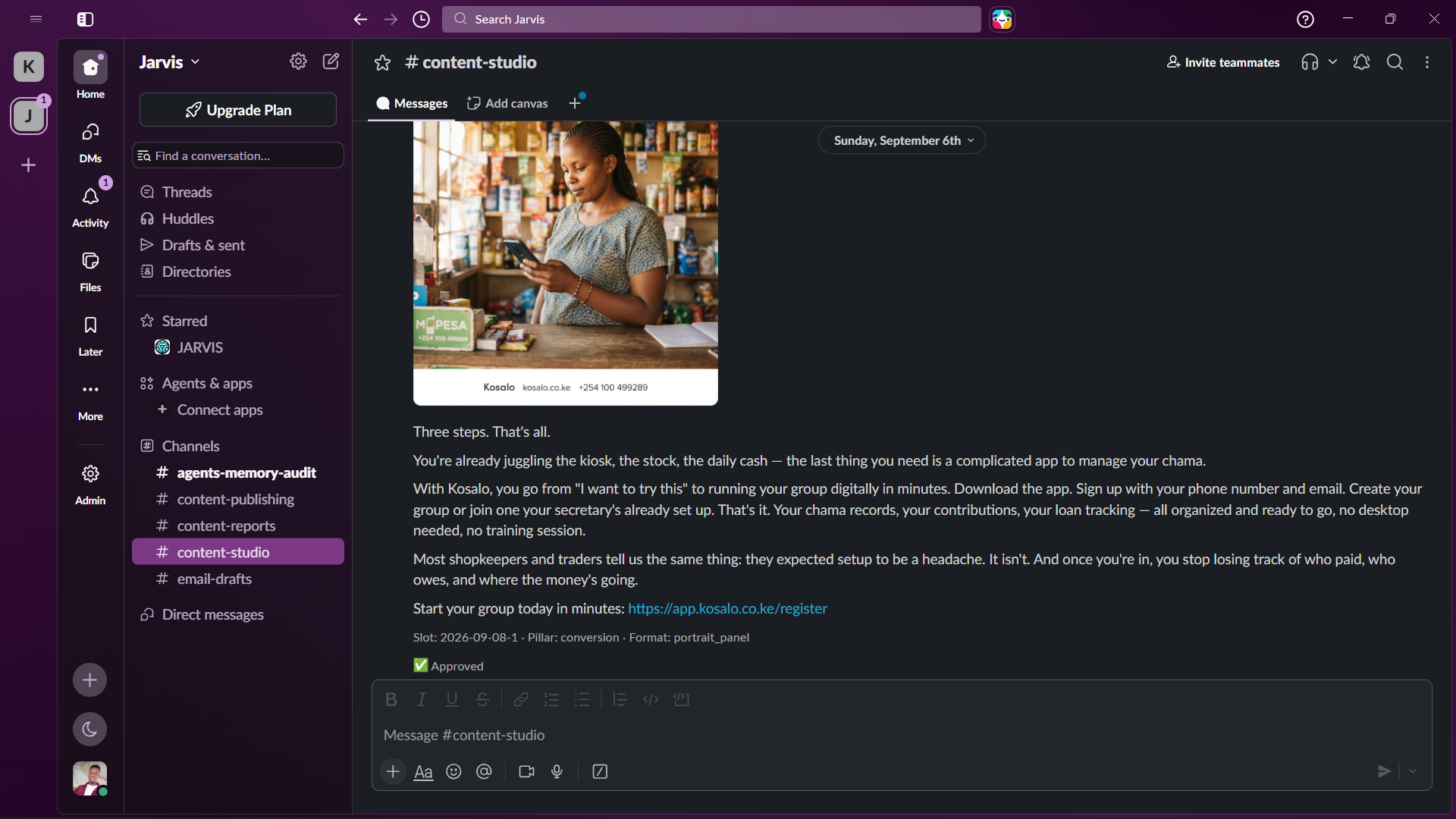 Slack content approval card with image, caption and approved status