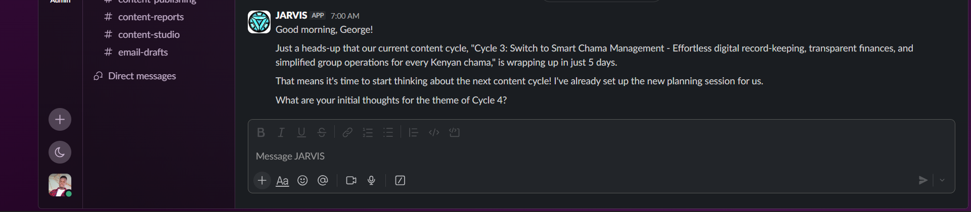 Jarvis prompting the start of planning for the next content cycle