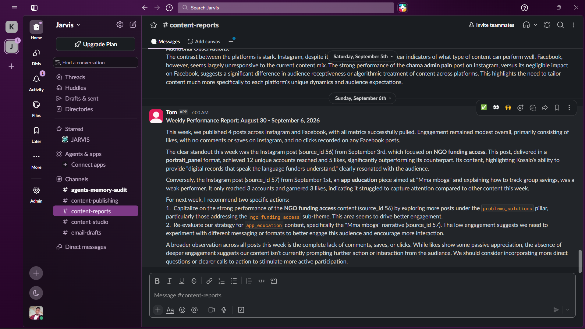 Slack weekly performance report with recommendations