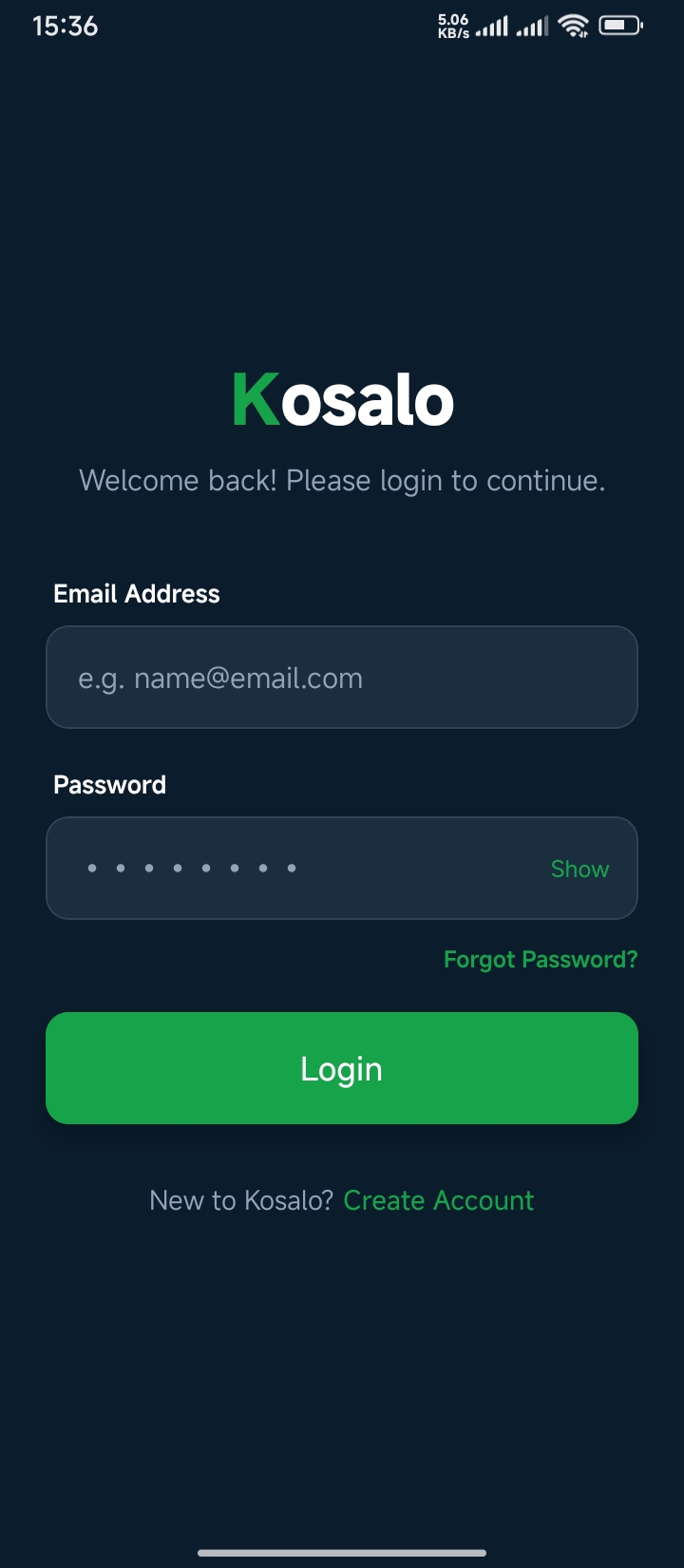 Kosalo login screen