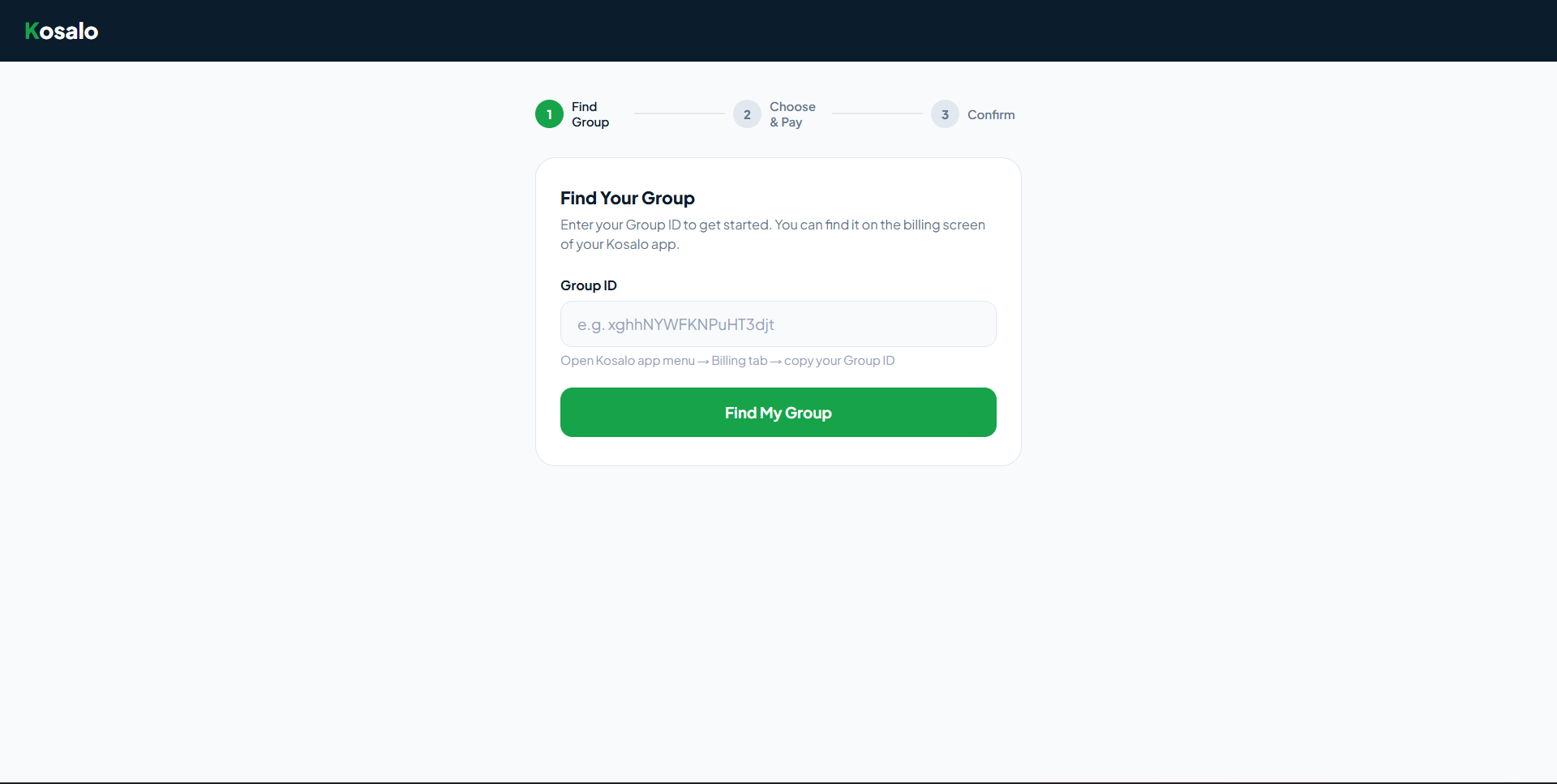 Kosalo checkout, find your group step