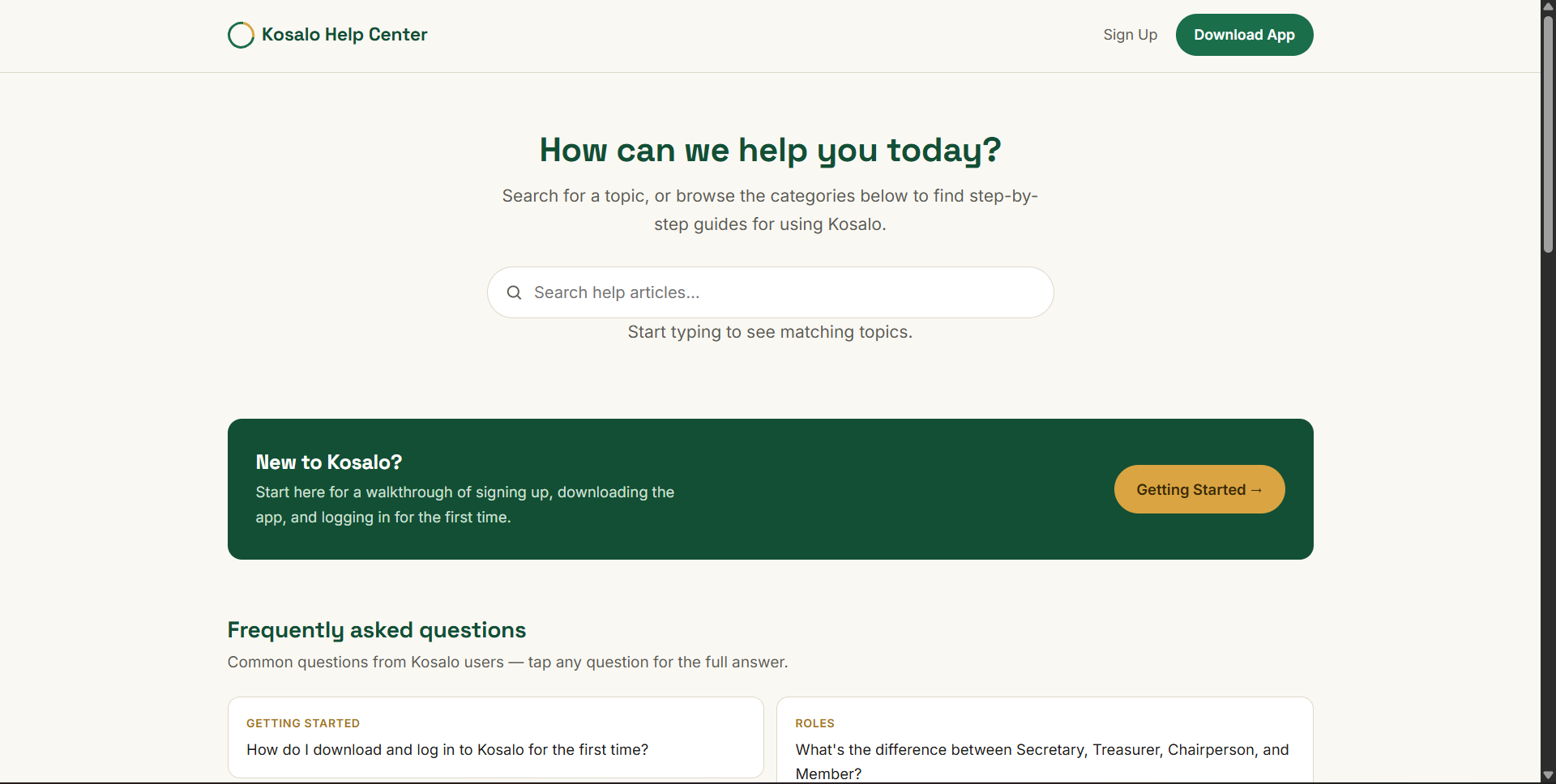 Kosalo Help Center homepage with category cards