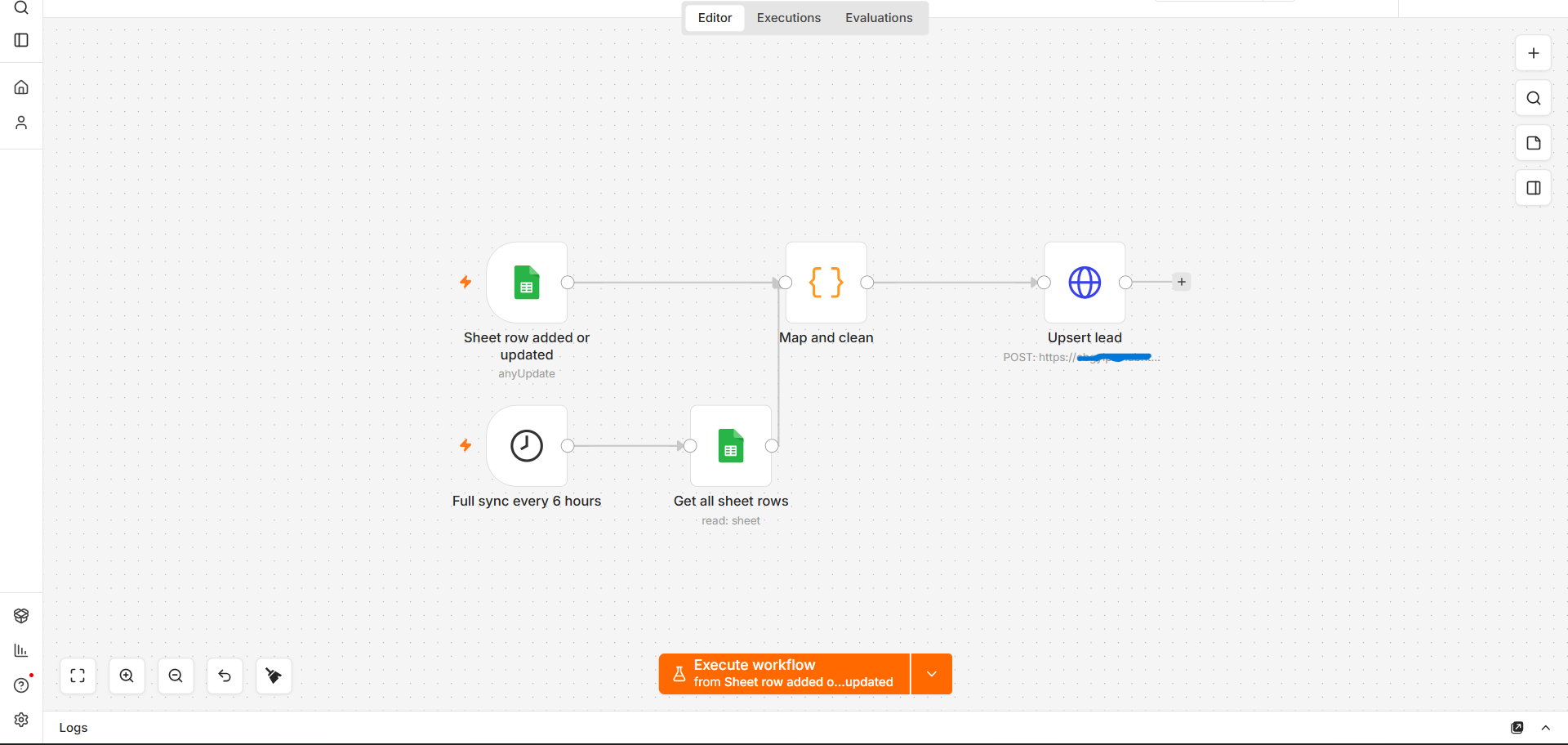 n8n workflow that syncs Google Sheets leads into the CRM